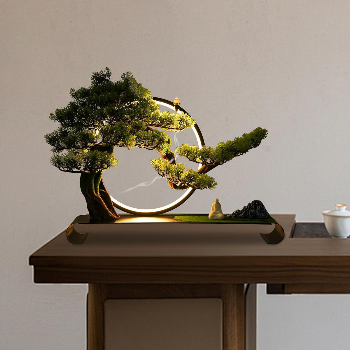 Artificial Bonsai Pine Tree Faux Realistic Simulation Bonsai with LED Lamp Ring Fake Plants Desk Table Decor for Home Office Indoor