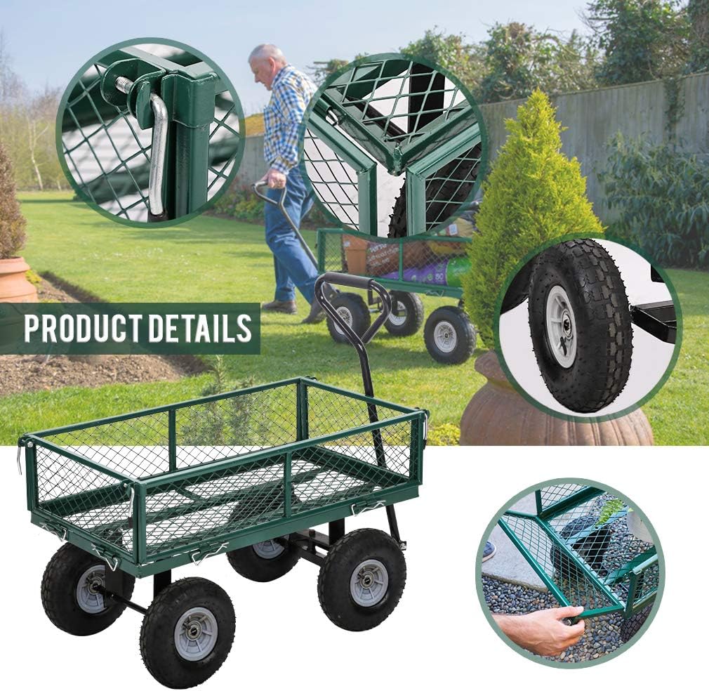 BestMassage Heavy Duty 500 Lbs Capacity Mesh Steel Garden Cart Folding Utility Wagon with Removable Sides for Beach Lawn Yard Landscape (Deep Green)