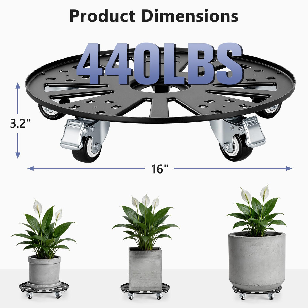 KEDSUM 16" Plant Caddy with Wheels, Anti-Rust & Anti-Slip Plant Stand with Wheels, 440LBS Heavy Duty Rolling Plant Stand, Plant Rollers with 5 Wheels for Indoor Outdoor, Edge Design