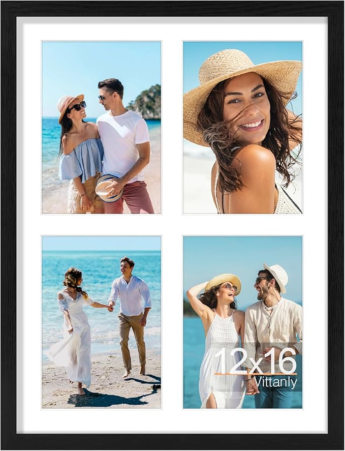Vittanly 12x16 Collage Picture Frame, Displays 4Pcs 5x7 Pictures with Mat, Picture Frames Collage Wall Decor for Horizontal or Vertical Display, Black, 1 Pack