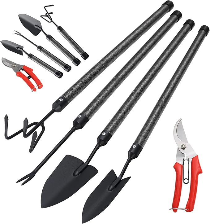 Garden Tools Set with Extension Handles, 5 Piece Thick Gardening Hand Tools, Heavy Duty Steel Rust-Proof Weeding Planting Tool Ideal Gardening Kit Gifts for Women and Men