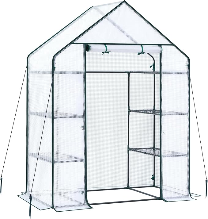 Ohuhu Small Greenhouse for Outdoors: 4 Tiers 6 Shelves Walk-in Indoor Green House Heavy Duty Plant Stands Reinforced Plastic PE Cover Mini Portable Warm House for Outside, 4.8x2.5x6.4 FT White