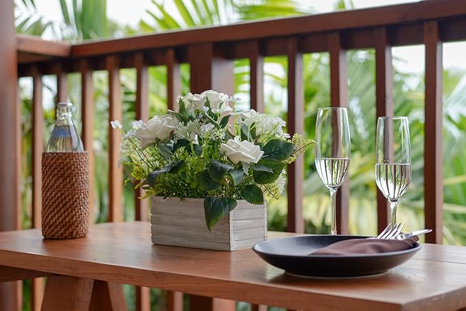 Artificial Flowers Plants Fake Rose Floral Arrangements in Pots for Home Wedding Table Centerpieces Indoor Outdoor Decoration (White)