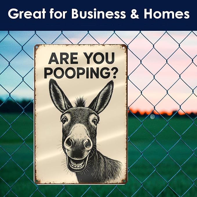 Funny Donkey Bathroom Sign - "Are You Pooping?" Rustic Metal Tin Sign for Toilet, Restroom, Farmhouse Humor Decor - 8"x12" Wall Art Gift