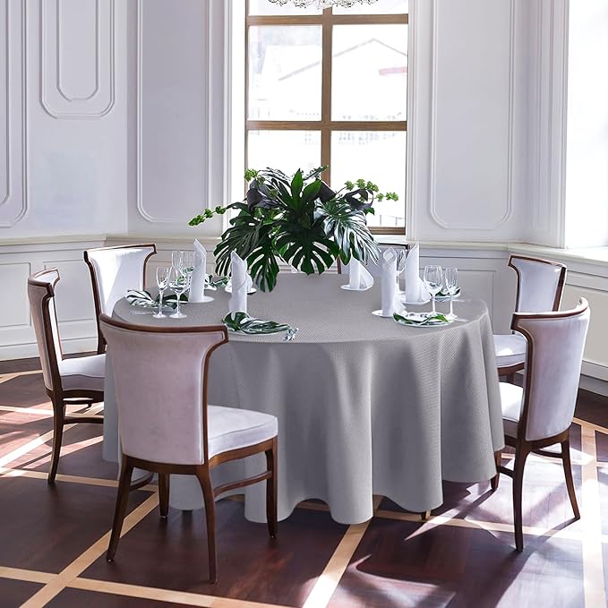 Biscaynebay Textured Fabric Round Tablecloths 120", Silver Grey Water Resistant Table Cloth Circle Folding Table Covers Linen for Dining, Kitchen, Wedding and Parties etc. Machine Washable