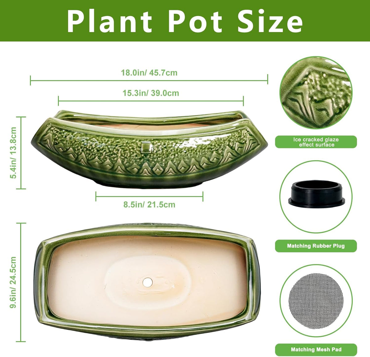 Bonsai Planter 18 Inch - Large Ceramic Succulent Pots with Drainage Hole, Bonsai Pots for Indoor Outdoor Plant, Ceramic Flower Pot, Decorative Plant Pot, Garden Decor, Housewarming Gift, Green