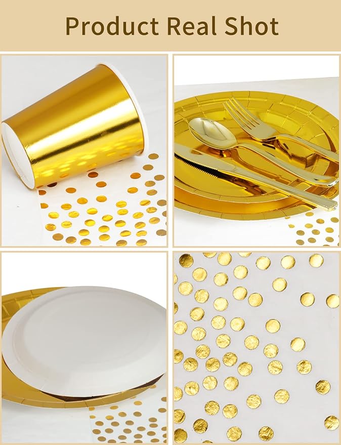 141 Pieces Gold Party Supplies, Party Dinnerware Sets Include Paper Plates Napkins Cups Silverware, for Wedding Bridal Shower Engagement Birthday Parties Decoration -20 Serves