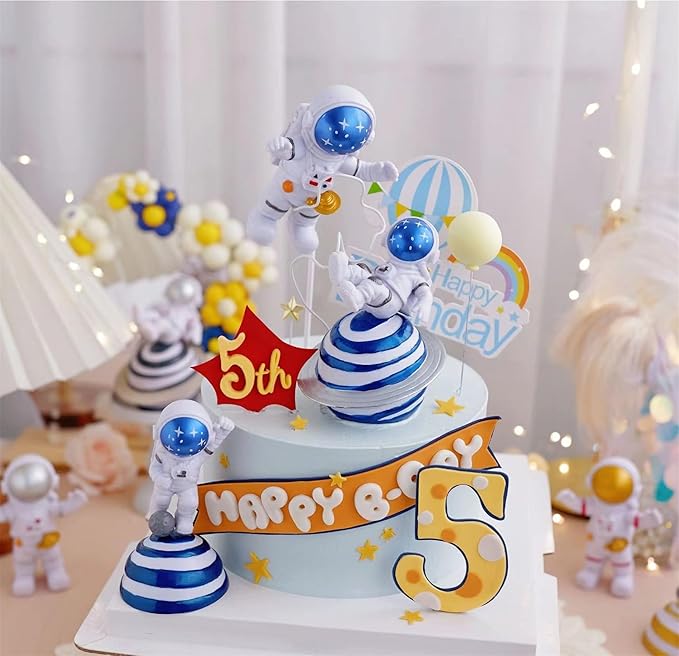 Blue Astronaut Statues Set of 3, Outer Space Theme Figurines Planet Nursery Classroom Bedroom Decor Cake Toppers