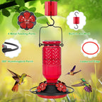 FEED GARDEN Glass Hummingbird Feeder for Outdoors Hanging, 16 oz Leak-Proof Nectar Feeder with Bee Guards & Ant Moat, 4 Metal Flower Feeding Ports, 360° Perch Ring, Easy Refill & Clean, Red