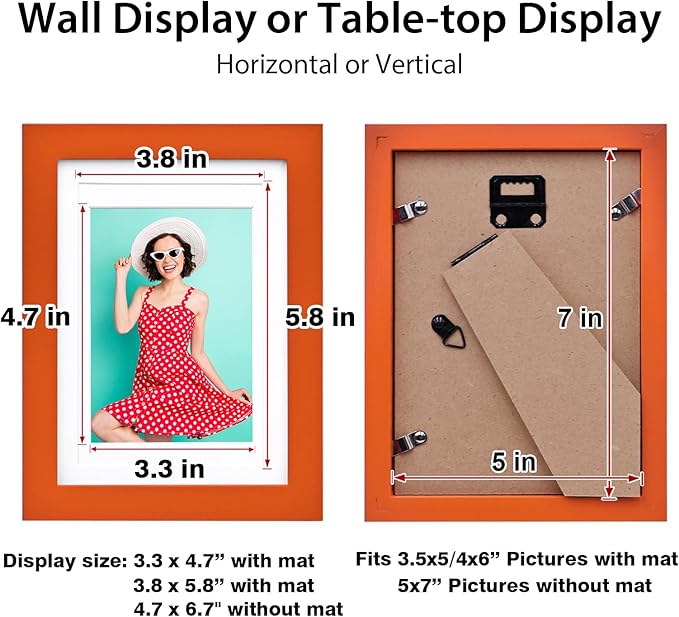 KINLINK 5x7 Picture Frame Orange, Solid Wood Frames with Acrylic Plexiglass for 3.5x5/4x6 with Mat or 5x7 without Mat, Tabletop and Wall Display Photo Frame, Set of 4