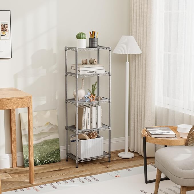 Small 5 tire Shelves Storage Wire Shelving Unit Metal Shelf Adjustable Organizers Storage Shelving for Bathroom Laundry Room Kitchen Pantry10”D x 16”W x 55”H Silver