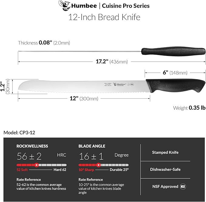 12 Inch Cuisine Pro Serrated Bread Knife, Premium Stainless Steel Wave Edge Razor Sharp Blade Knife for Bread, Dishwasher Safe, NSF Certified, Black
