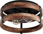 2-Light Rustic Flush Mount Light Fixture Oak Wood Round Drum Semi Flush Mount Ceiling Light for Hallway Bedroom Kitchen Entryway Farmhouse, Black