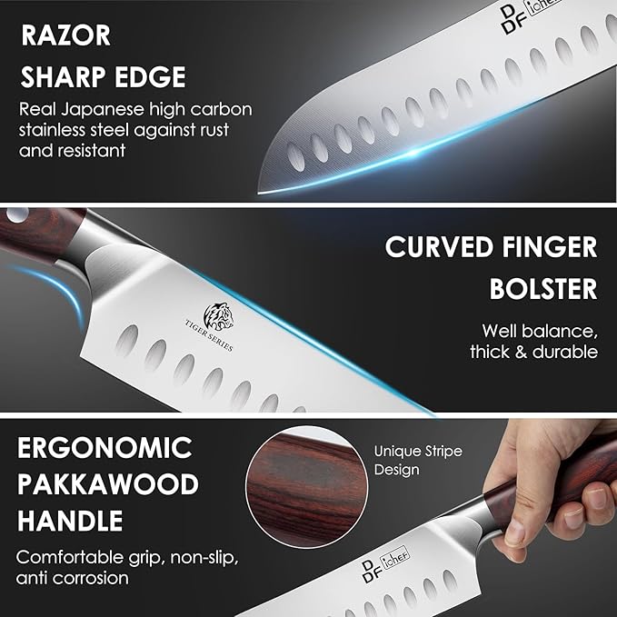DDF iohEF Kitchen Knife 7 inch Chef Knife Professinal Santoku Knife, Japanese Stainess Steel Ultra Sharp Cooking Knife with Ergonomic Handle for Chopping Vegetable and Cooking