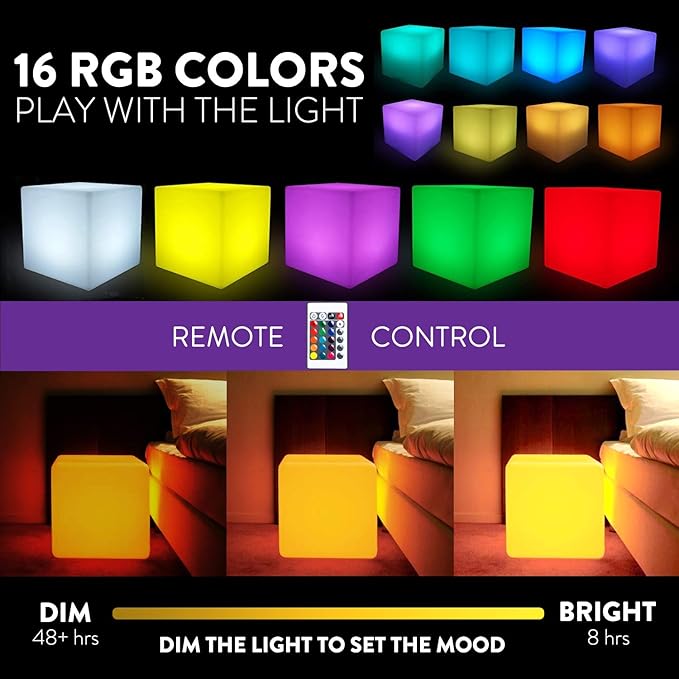 Mr.Go 12-inch Rechargeable Magic LED Light Cube Stool with Remote Control Fun Mood Lamp Soothing Night Light Decorative Lighting for Home Kids Bedside Bedroom Nightstand Nursery Pool Party