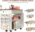 Wrapping Paper Storage Cart with Foldable Drop Leaf, Crafting Table with Power Outlets, Wrapping Paper Organizer with Ribbon & Gift Bag Storage, Rolling Gift Wrap Storage Station