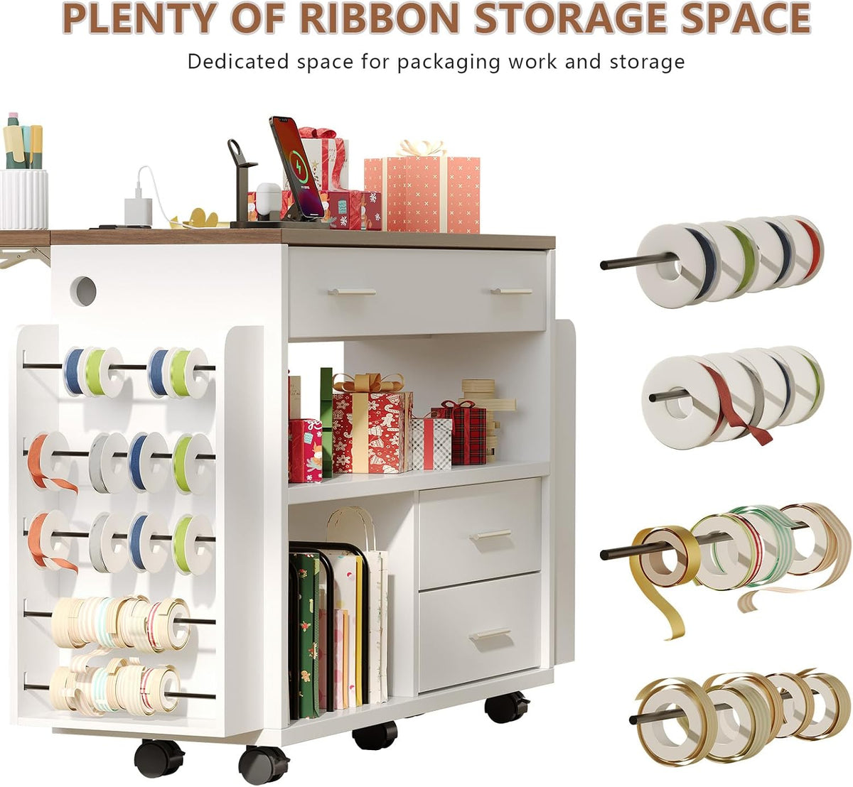 Wrapping Paper Storage Cart with Foldable Drop Leaf, Crafting Table with Power Outlets, Wrapping Paper Organizer with Ribbon & Gift Bag Storage, Rolling Gift Wrap Storage Station