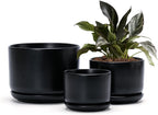 Ton Sin Plant Pots, 4.1+5.1+6.5 inch, Set of 3, Ceramic Planters with Drainage Hole and Saucer, Indoor Flower Pot Gifts for Mom（Matte Black）