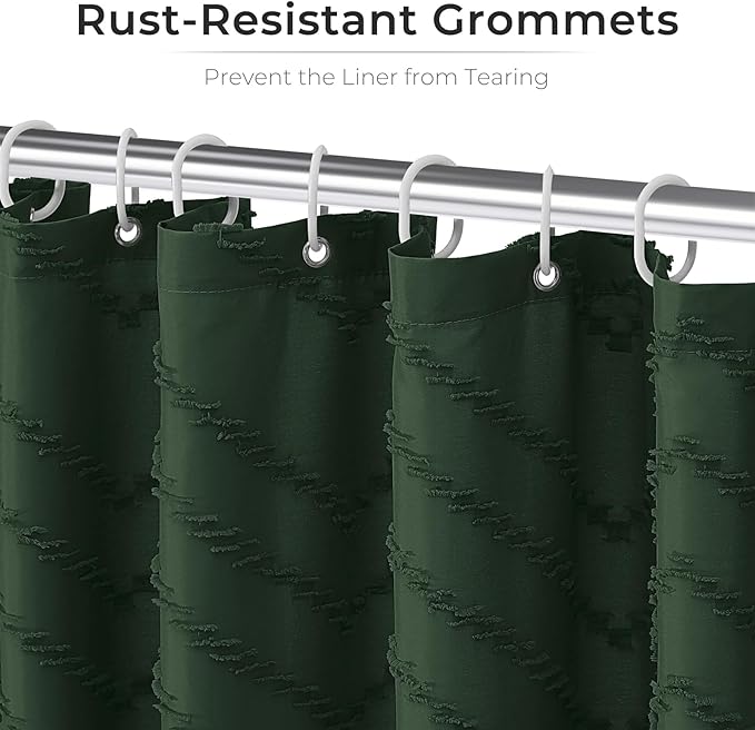 Dark Green Boho Shower Curtain 72 x 72 Inches Woven Fabric Shower Curtain Tufted Chervon Textured Shower Curtains Modern Minimalist Shower Curtains for Bathroom