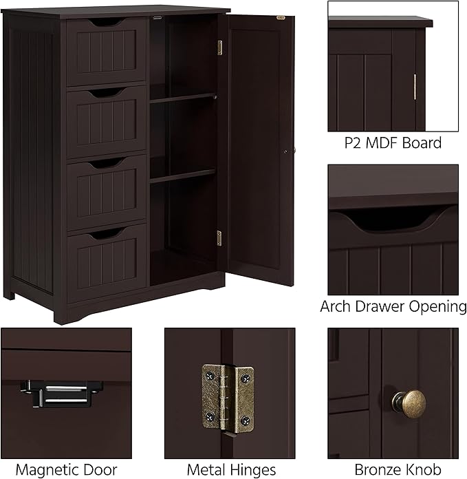 Yaheetech Large Bathroom Floor Cabinet with 4 Drawers and Single Door Cabinet, Freestanding Storage Cabinet for Living Room Kitchen Hallway, Espresso