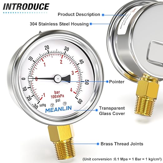 MEANLIN MEASURE -30inHG~60Psi Vacuum Gauge Stainless Steel 1/4" NPT 2" FACE DIAL Waterproof for Air Compressor HVAC Negative Pressure Hand Pump Pool Lower Mount, with 1/2" NPT and 3/8" NPT Hex Bushing