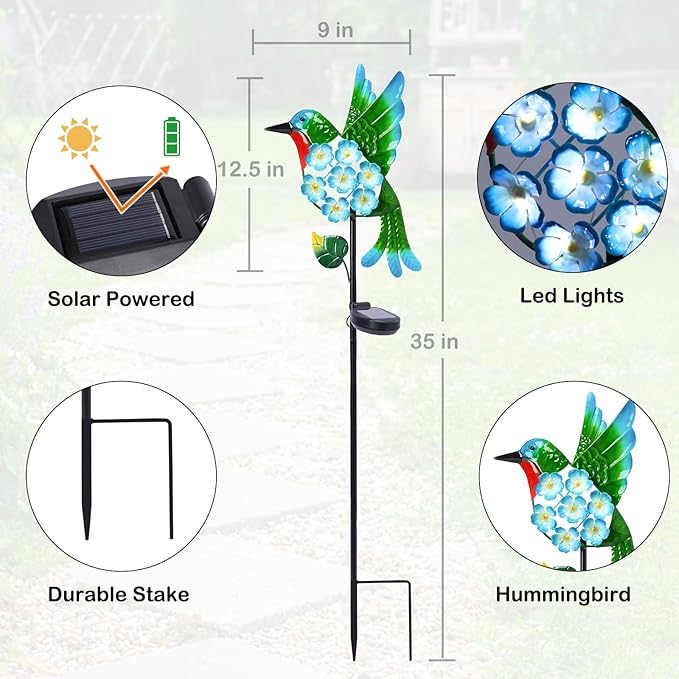 Solar Lights Outdoor Decorative Metal Solar Hummingbird Waterproof LED Metal Waterproof Garden Stake Lights for Walkway Pathway Lawn Patio Yard Decorations