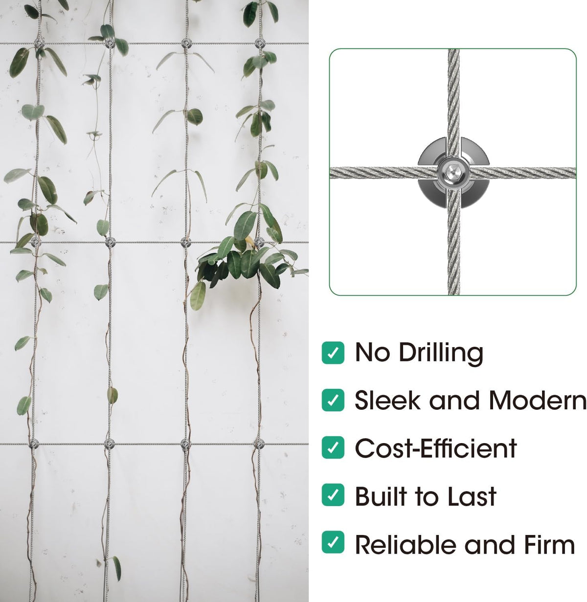20 Pack Wall Trellis Wire Clamps & Cross Cable Clamps, T316 Stainless Steel Heavy Duty (0.5" OD) for 1/8" Rope, No Drilling Wire Trellis Kit for Outdoor Climbing Plants & Fence