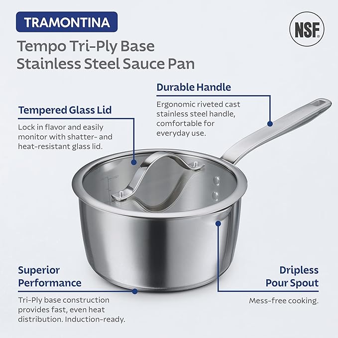 Tramontina Tempo Tri-Ply Base Stainless Steel 3-Quart Sauce Pan with Glass Lid, Induction-Ready Saucepan, Oven-Safe, Dishwasher-Safe