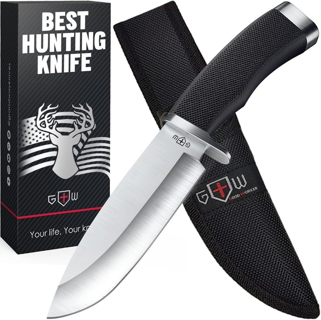Hunting Knife with Sheath Survival Knives for Men - Best Tactical Camping Hunting Hiking Knife - Bushcraft Field Gear Accessories Tool - Fixed Blade Sharp Knofe with Rubber Handle for Men 148109