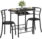 VECELO 3-Piece Dining Table Set for Kitchen Breakfast Nook, Wood Grain Oval Tabletop and Metal Frame with Built-in Wine Rack, for Small Spaces, Black