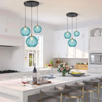 KCO Lighting Modern 3-Light Blue Striped Glass Pendant Light Fixture Nordic Glass Ball Cluster Chandelier Vintage Large Globe Pendant Lighting Mid-Century Black Island Light for Kitchen