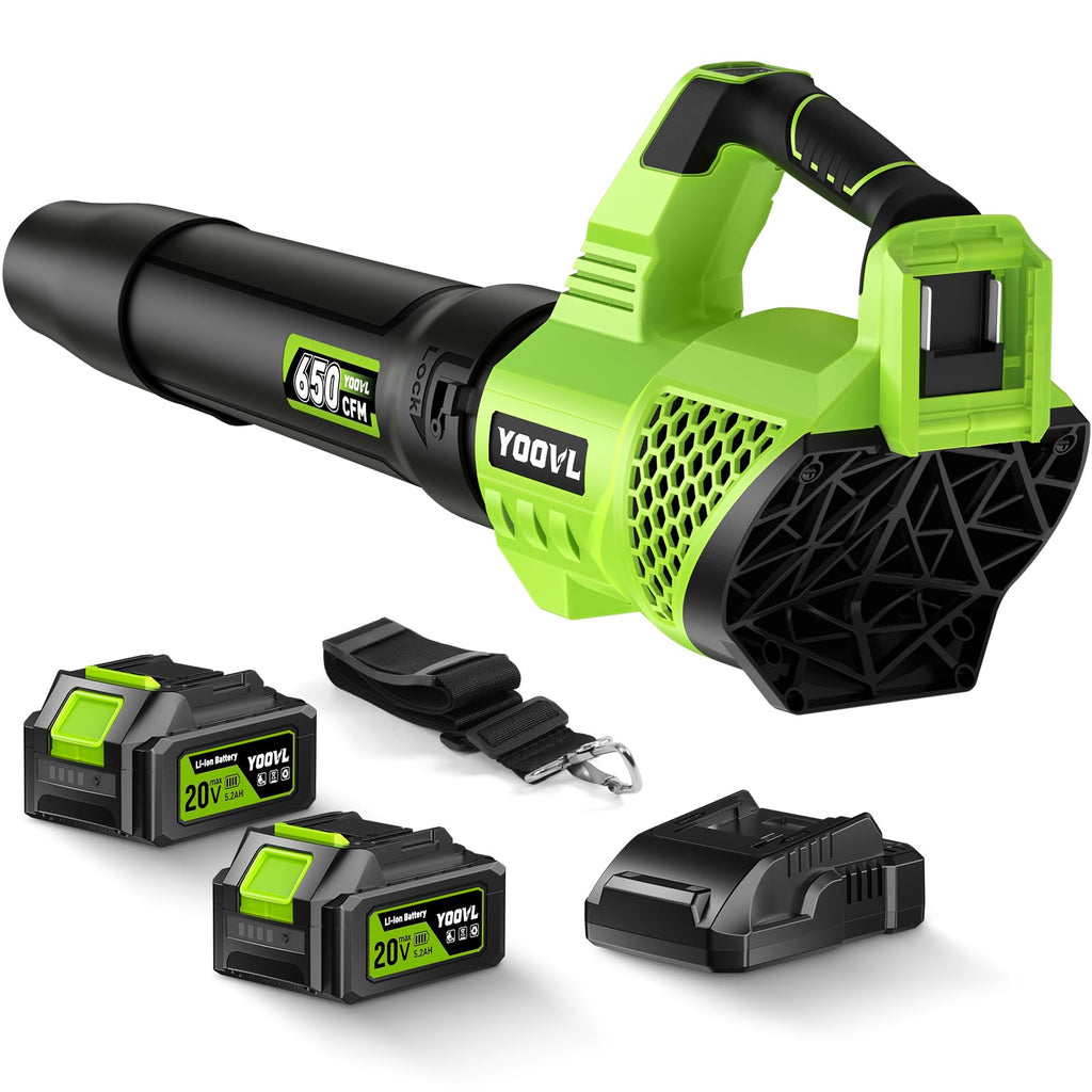 Leaf Blower Cordless, 650CFM Electric Leaf Blowers with 2 x 5.2Ah Batteries and Charger, 3 Speed Modes, 1 x Adjustable Shoulder Strap, Powerful Snow Blowers for Lawn Care, Patio, Dust, Blowing Leaves