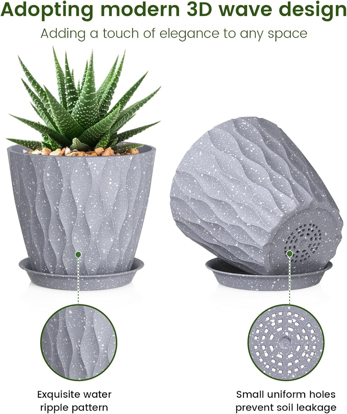 5 inch Plant Pots for Indoor Outdoor Plants, 6 Pack Thick Flower Pots with Drainage Holes and Saucers, 3D Modern Wave Texture Small Plastic Planters Nursery Pots, Speckled Grey