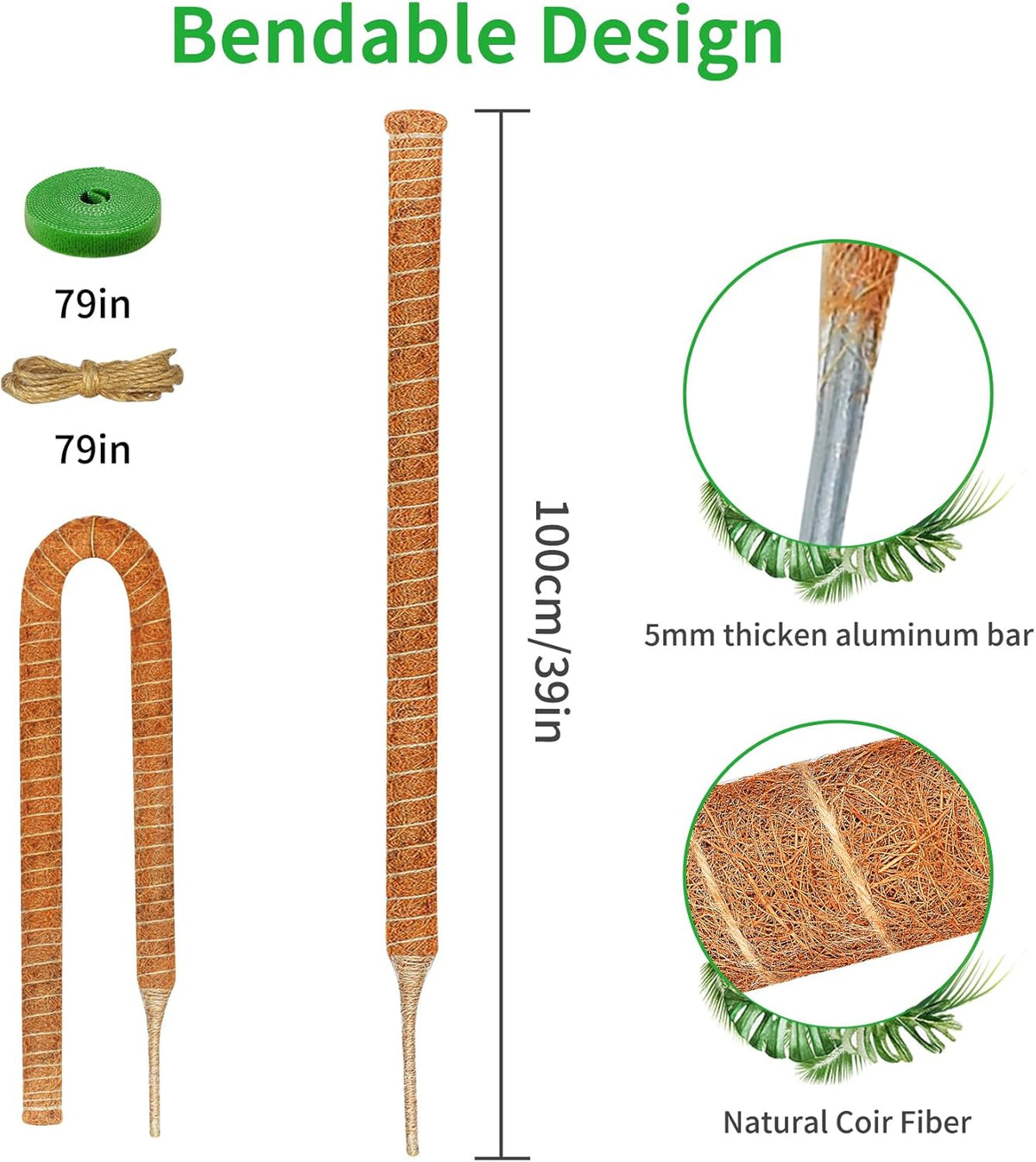 2 Pack 39 Inch Moss Pole Monstera Plant Support, Coir Moss Poles for Climbing Indoor Plants, Bendable Plant Stake Trellis for Potted Plant, Pothos, Philodendron