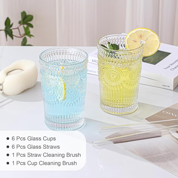 Vintage Glassware Drinking Glasses Set of 6,13 oz Clear Textured Flower Design Glass Water Tumblers，Embossed Striped Drinkware for Water,Cocktails,Juice,Iced Coffee