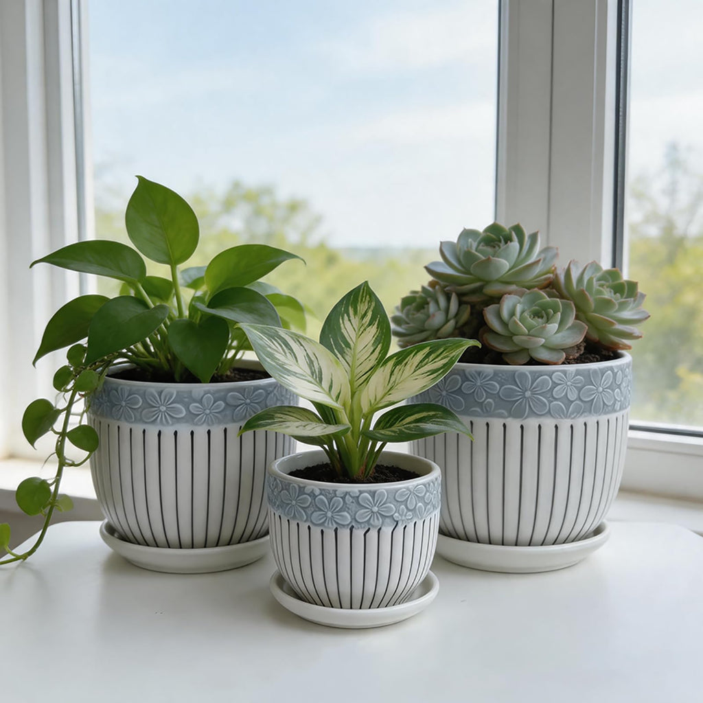 FOLKLORE13 Vintage Flower Pots for Indoor Plant, Round Ceramic Plant Pots with Drainage Holes and Saucers, 6.7/5.2/3.9 Inches Retro Flower Planters Set of 3