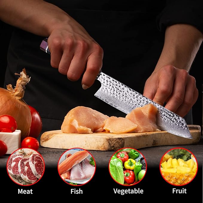 FINDKING Eternity Series Japanese Kiritsuke Knife with ABS sheath, Multi-Purpose Gyuto Chef knife, 9Cr18MoV Damascus Steel Blade, Resin Octagonal Handle, for Meat, Fruits, Vegetables,9 Inches