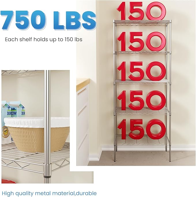 5 Tier Layer Rack Metal Shelf Commercial Storage Shelves for Storage Heavy Duty Metal Storage Shelves Durable and Versatile Storage Solution for Restaurant Garage Pantry Bathroom Office Kitchen