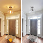 WUZUPS Chandelier Rustic Farmhouse Industrial Round Semi-flushmount Ceiling LED Light Fixture with Clear Glass Shades for Bathroom Kitchen Foyer Entryway, H 10" x W 10", E26 Base, Brushed Nickel