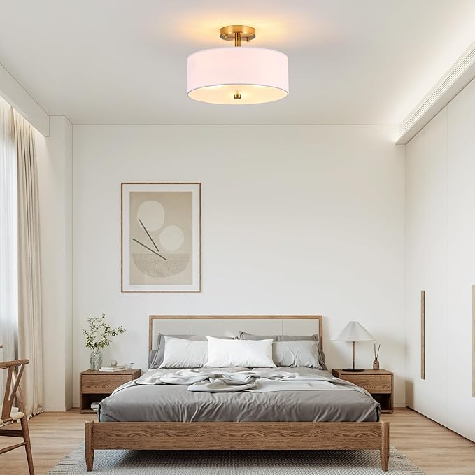 3-Light Gold Semi Flush Mount Ceiling Light,12" Drum Light with White Fabric Shade,Modern Close to Ceiling Light for Bedroom, Living Room, Kitchen, Dining Room, Hallway and Entryway