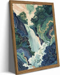 Framed Japanese Waterfall Canvas Wall Art, Abstract Landscape Wall Decor Paintings, Blue Green Nature Mountain Pictures Prints Zen Aesthetics Home Decor for Living Room Bedroom Bathroom 16x24 inch