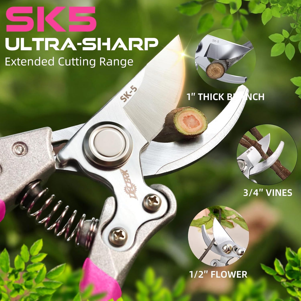 8.5" Professional Bypass Pruning Shears – Heavy Duty Garden Scissors & Clippers for Branch Trimming, Ultra Sharp SK5 Blade, Ergonomic Handle, Perfect Gardening Gift for Women, 2025 Pink Tools