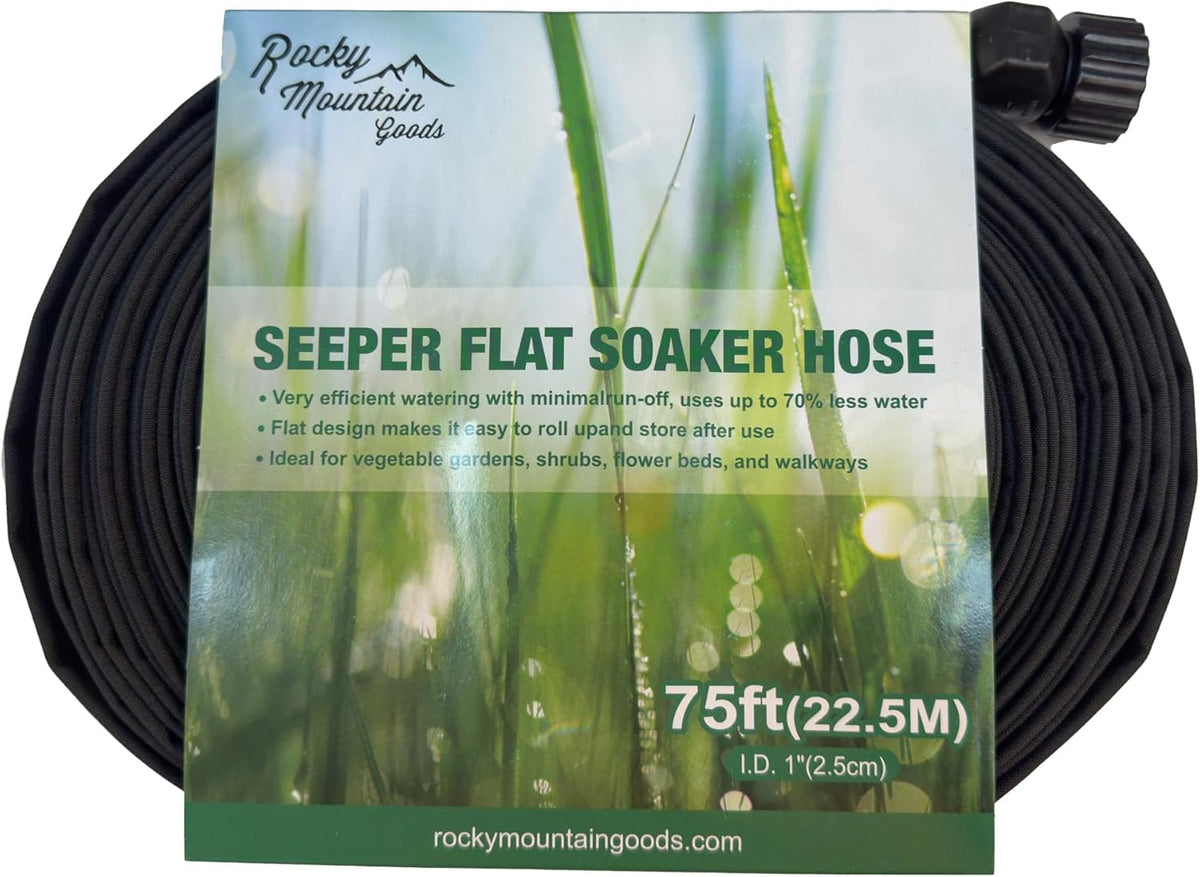 Rocky Mountain Goods 75-Foot Flat Soaker Hose - Heavy Duty Double Layer Design - Saves 70% Water - Consistent Drip Throughout Hose - Garden/Vegetable Safe