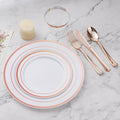 BESTVIP 450PCS Plastic Dinnerware Set (75 Guests), Rose Gold Disposable Plates for Party, Wedding, Christmas, Anniversary, Includes: Dinner Plates, Dessert Plates, Cups, Spoons, Forks and Knives