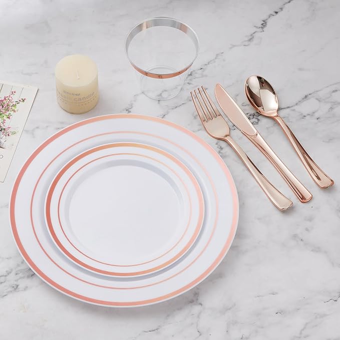 BESTVIP 450PCS Plastic Dinnerware Set (75 Guests), Rose Gold Disposable Plates for Party, Wedding, Christmas, Anniversary, Includes: Dinner Plates, Dessert Plates, Cups, Spoons, Forks and Knives