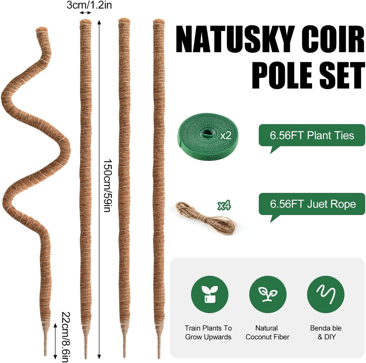 4 Pack Moss Pole 63 Inch Monstera Plant Support Moss Poles Bendable for Climbing Plants Longer Coco Coir Sticks Support Stakes Tall for Indoor Creeper DIY Shape Plants Grow Upwards