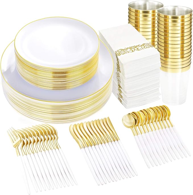 Supernal 350pcs Gold Plastic Dinnerware Set for 50 Guests,Fancy Disposable Plates for Party,Gold Plastic Silverware with White Handle,Disposable White Plates Wedding,Birthday