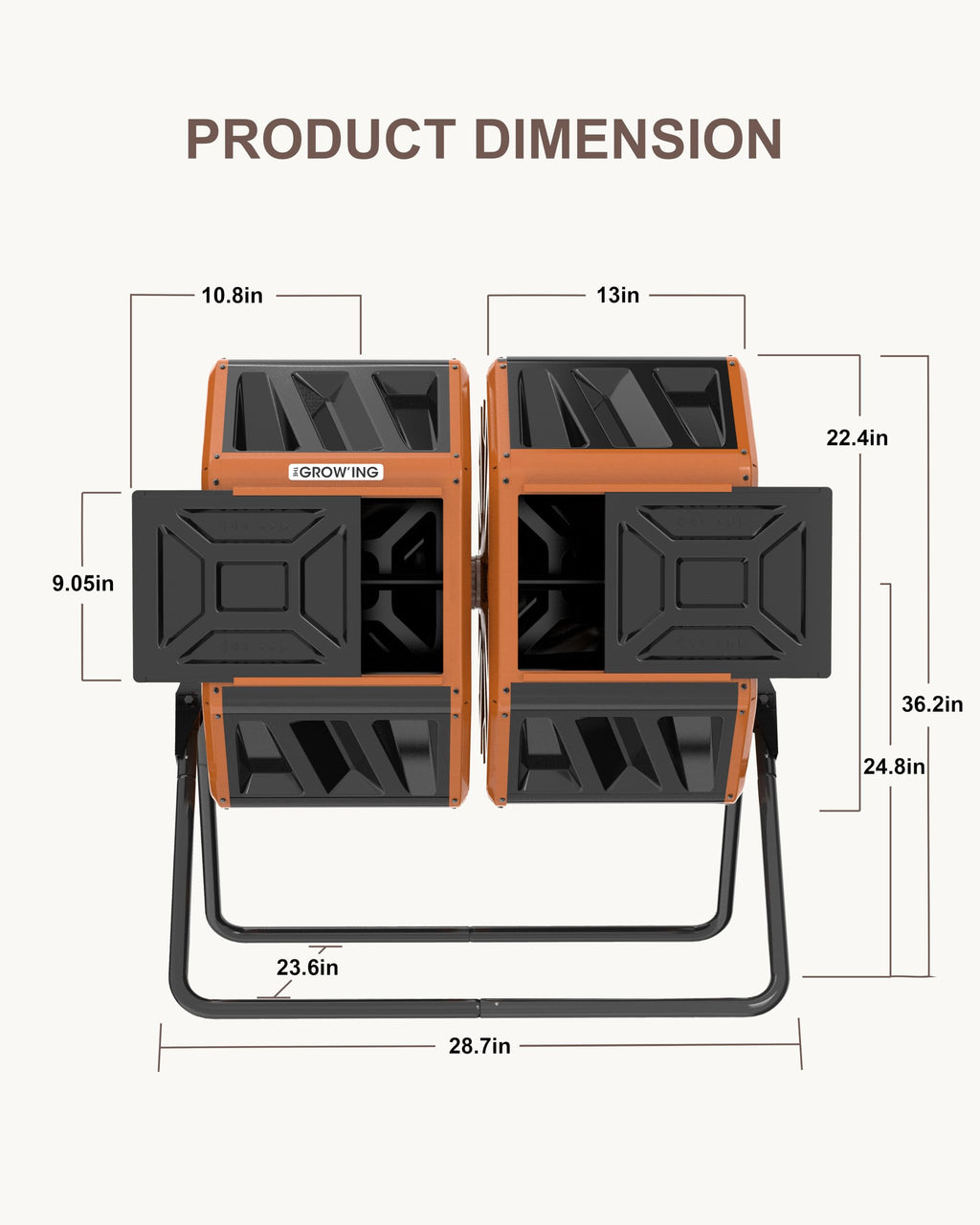 THE Growing 53 Gallon Large Outdoor Compost Bin Tumbler Barrel, Orange