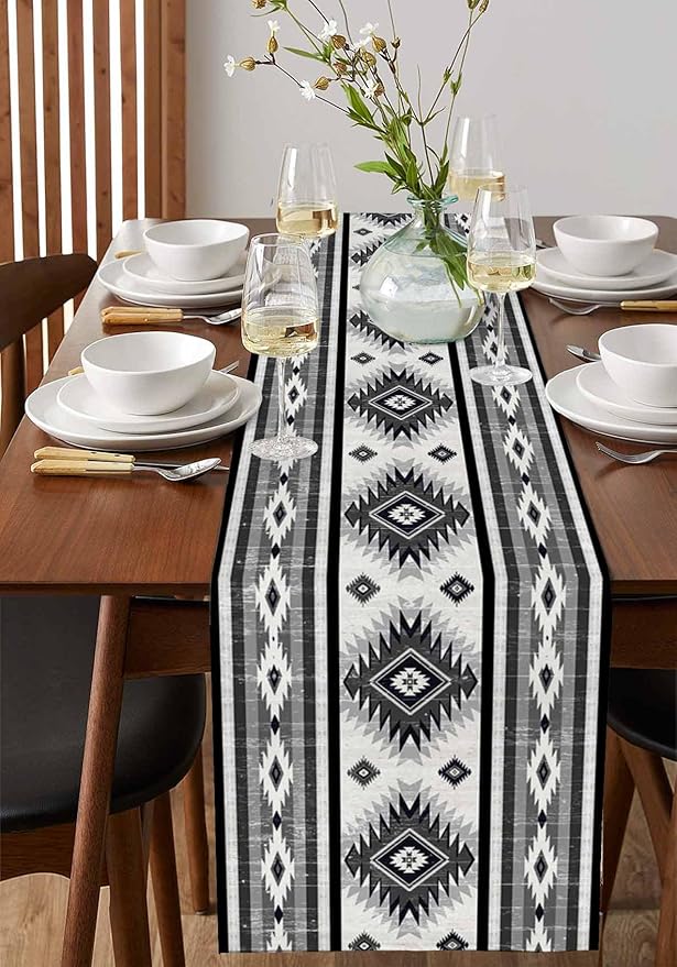 Aztec Southwest Cotton Linen Table Runner for Dining Kitchen, Wedding Outdoor Party Tablerunners Decoration, Boho Ethnic Tribes Vintage Grey Dresser Scarf Coffee Tablecloth Runners 13x36 Inches