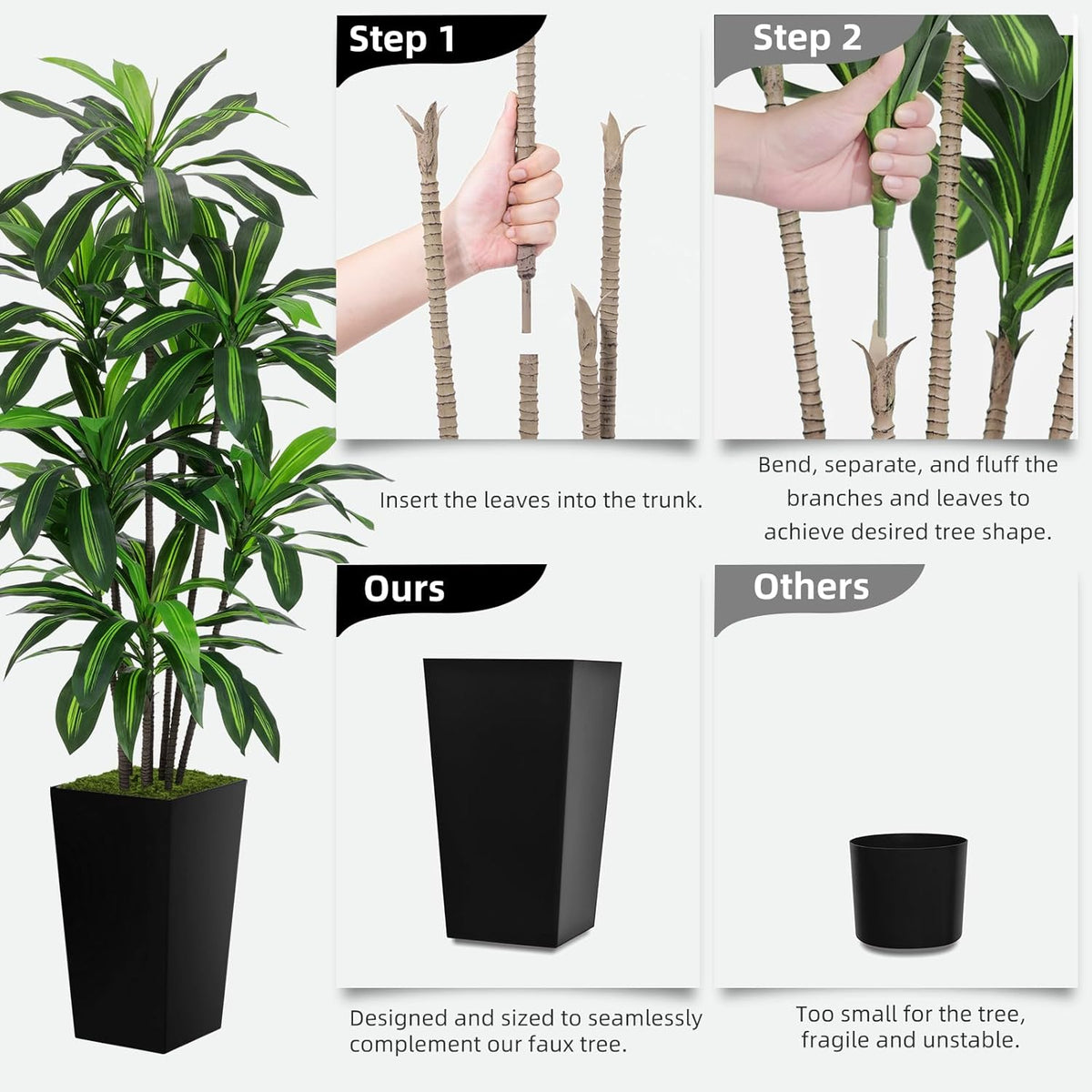 Artificial Dracaena Tree 6FT - Faux Tree with Black Tall Planter - Fake Tropical Yucca Floor Plant Potted - Artificial Silk Tree for Home Office Living Room Decor Indoor